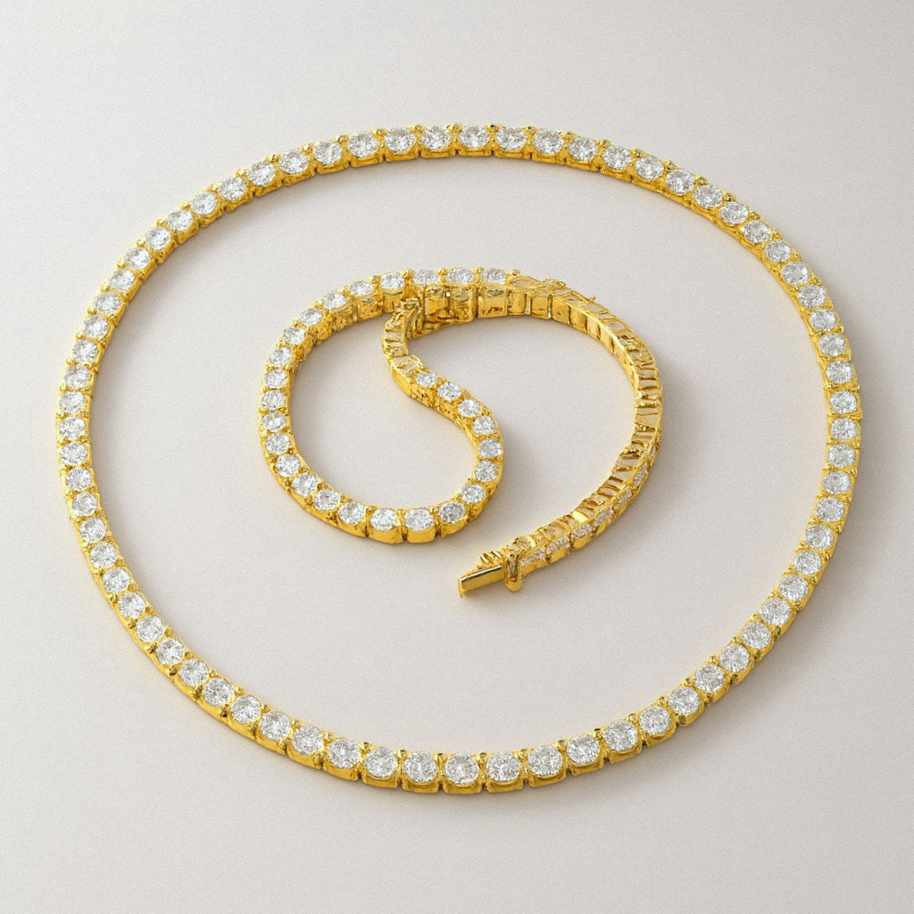 Gold Moissanite Tennis Necklace and Bracelet Set, Gold Plated Sterling Silver, both pieces together