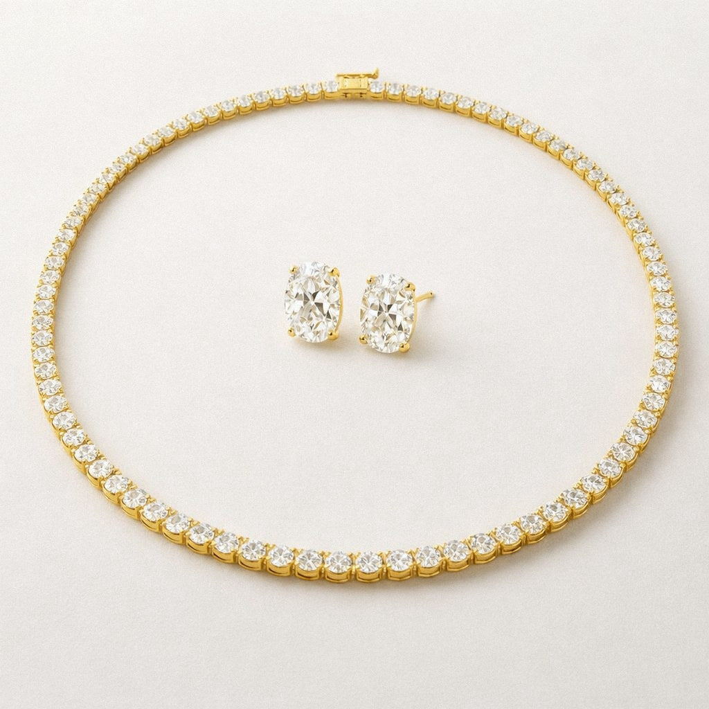 Gold moissanite tennis necklace and oval moissanite stud earrings set