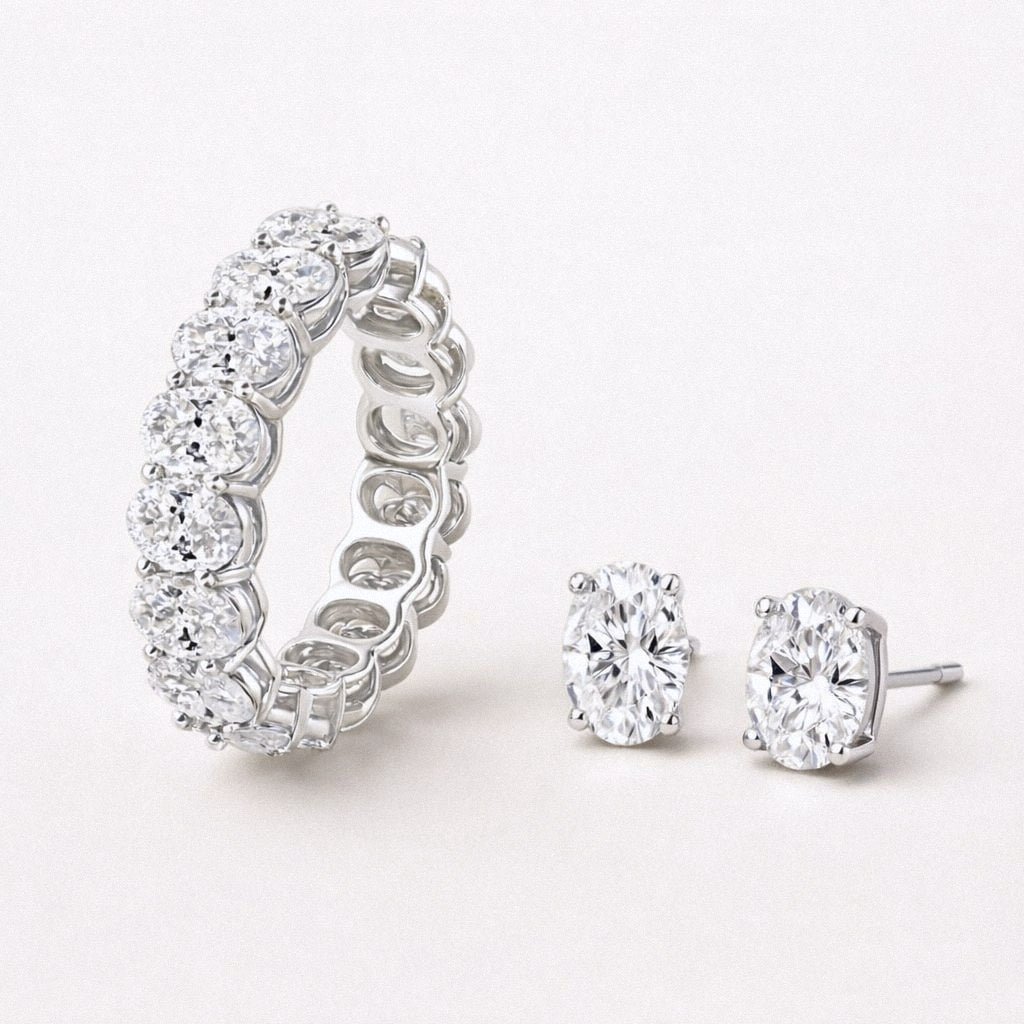 Silver oval moissanite eternity ring and oval moissanite stud earrings set