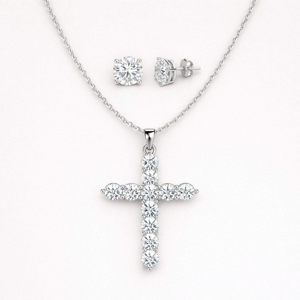 Silver moissanite cross necklace and four-prong moissanite stud earrings set, 925 sterling silver