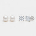 Silver ear stack set, freshwater pearl studs and four-prong moissanite studs, 925 sterling silver