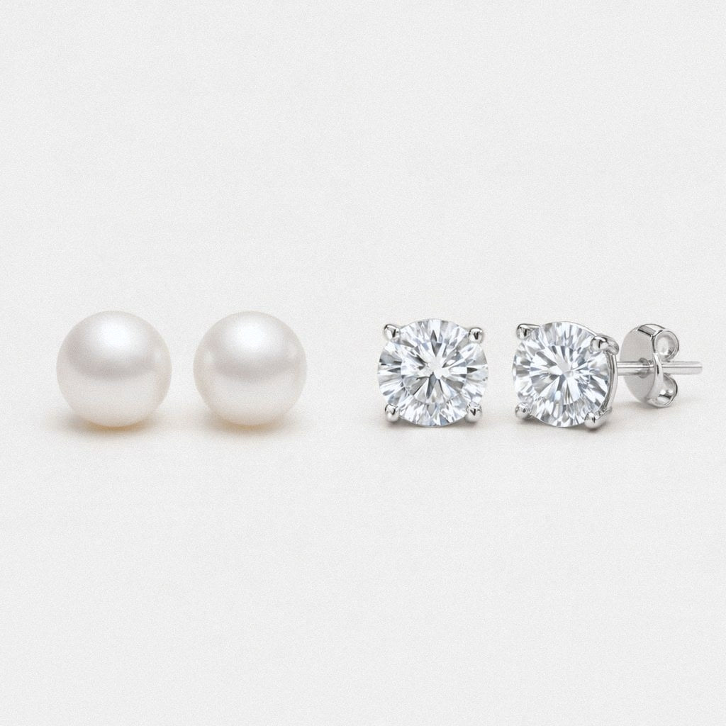 Silver ear stack set, freshwater pearl studs and four-prong moissanite studs, 925 sterling silver