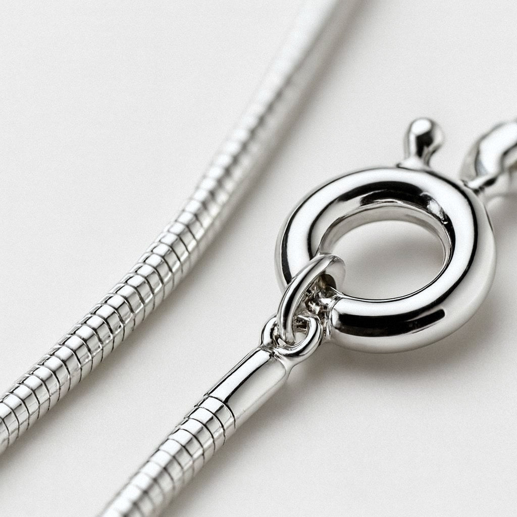 Silver Snake Chain Necklace 1mm, 925 Sterling Silver, close-up of the chain and spring ring clasp