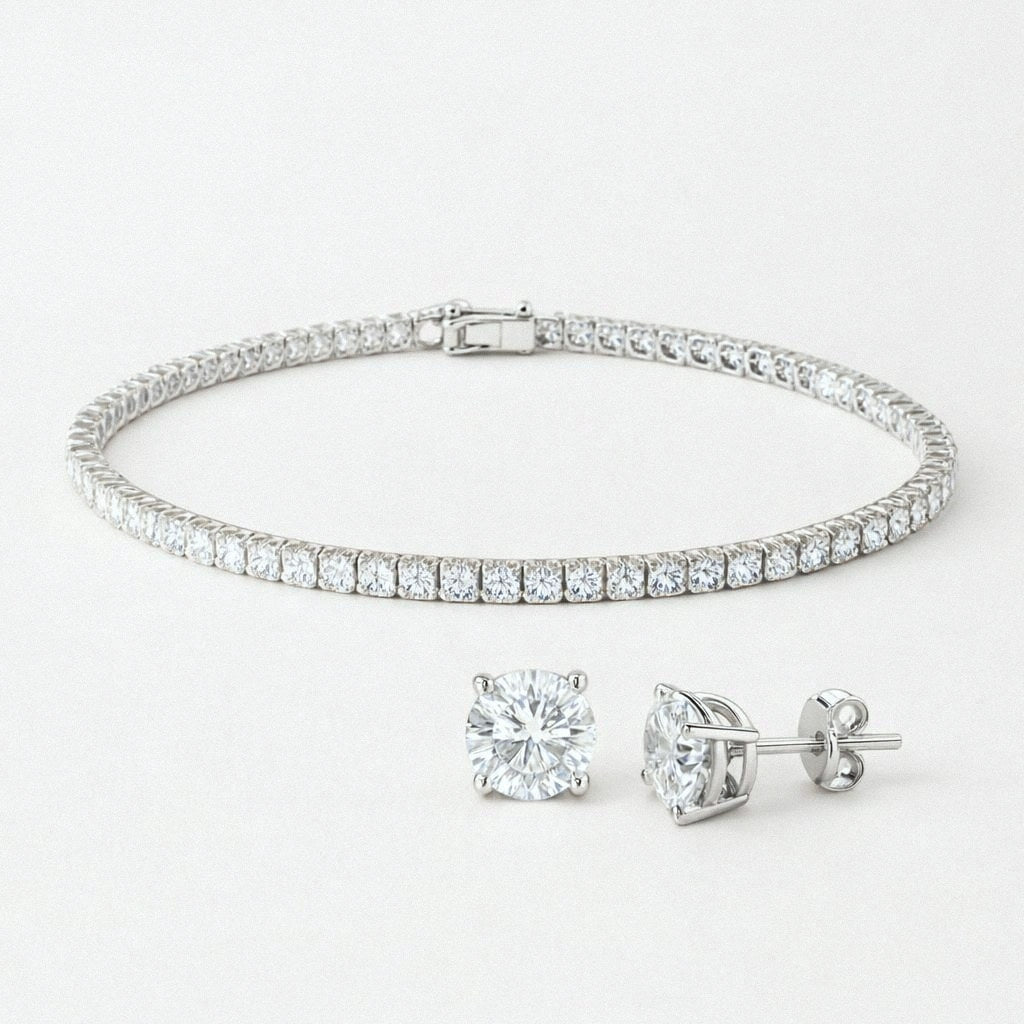 Silver moissanite tennis bracelet and four-prong moissanite stud earrings set