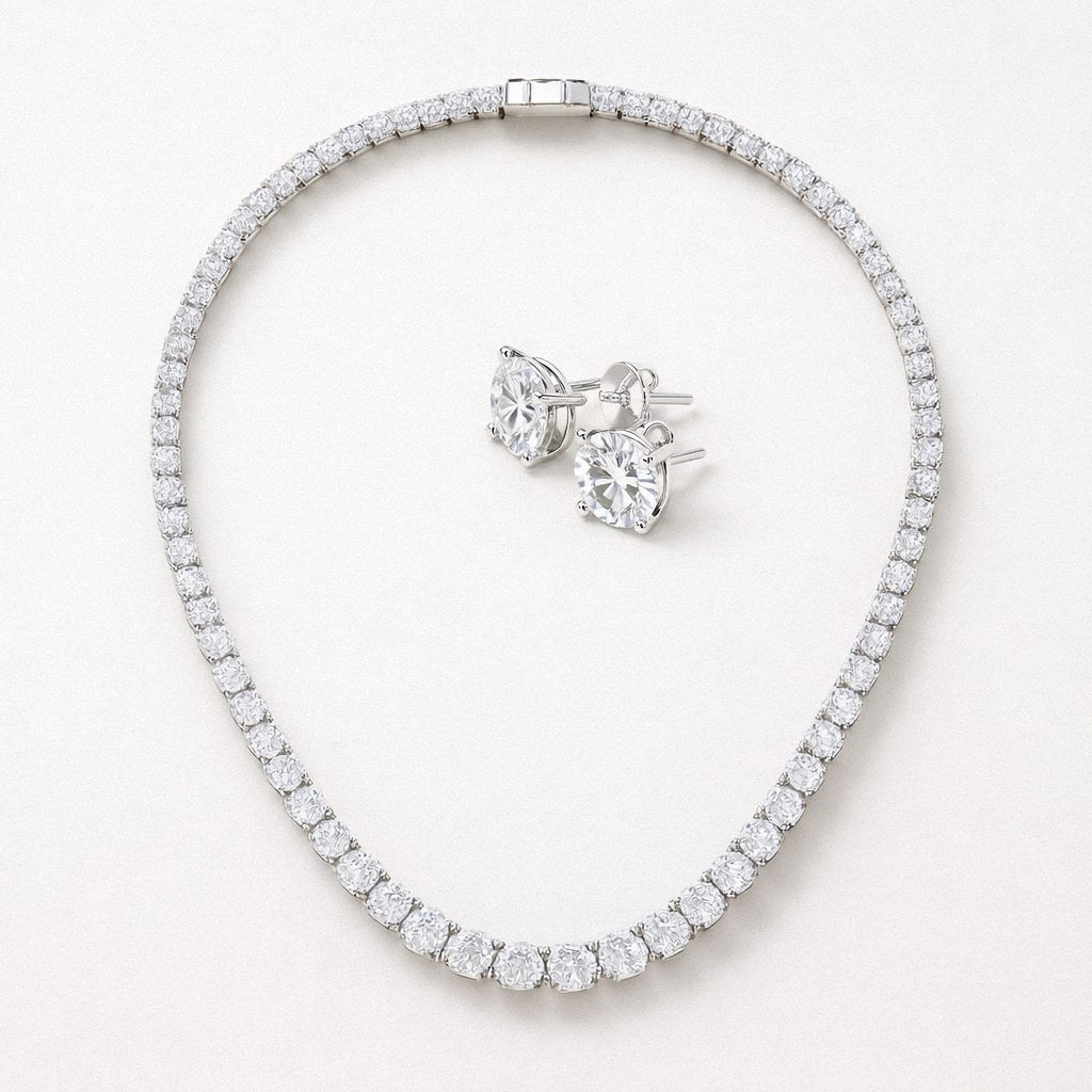 Silver moissanite tennis necklace and four-prong moissanite stud earrings set
